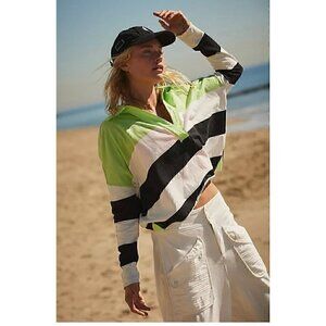 FREE PEOPLE FP Striped Lime Green & Black Pullover Top With Collar, XS
